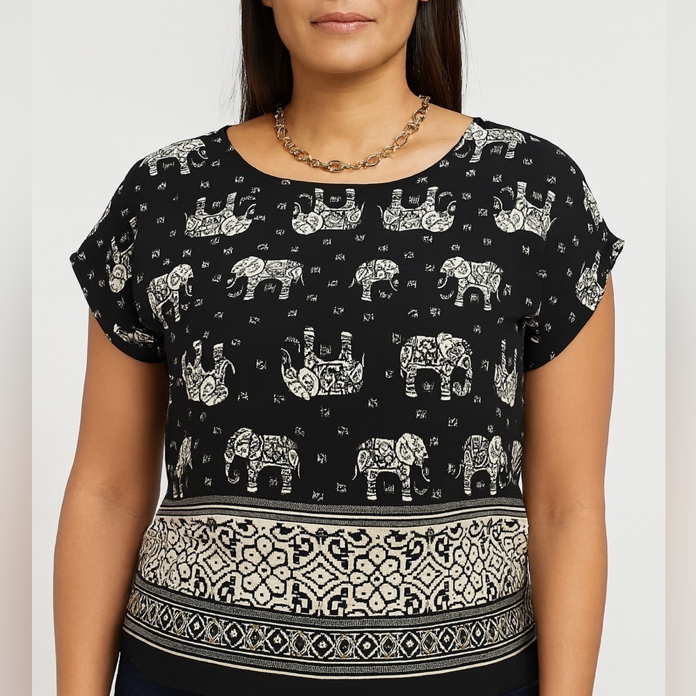 A'Gaci Elephant Print Button Back Blouse-Black & White (1081)